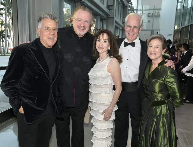 (From left to right) Alan Lieberman, New World Symphony artistic director Stéphane Denève, Diane Lieberman, New World Symphony CEO and president Howard Herring and Kristin Podack pose for a photo at the New World Center in 2024.